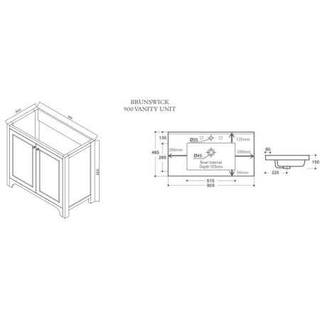 HARR-BRUNS-900-SPA/HARR-900-BASIN Harrogate Brunswick 900mm Spa Grey Vanity Unit with Basin Line Drawing