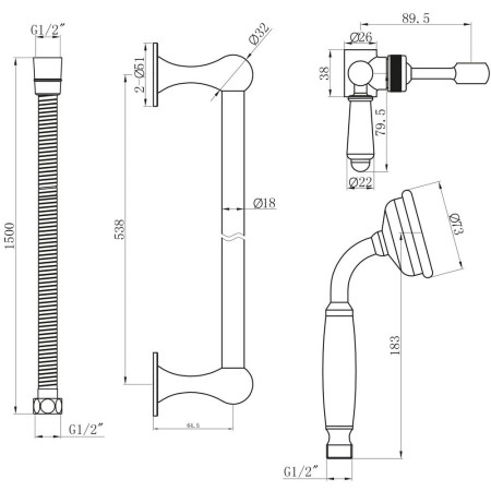 RISERKIT003 Harrogate Chrome Traditional Riser Rail Kit Line Drawing