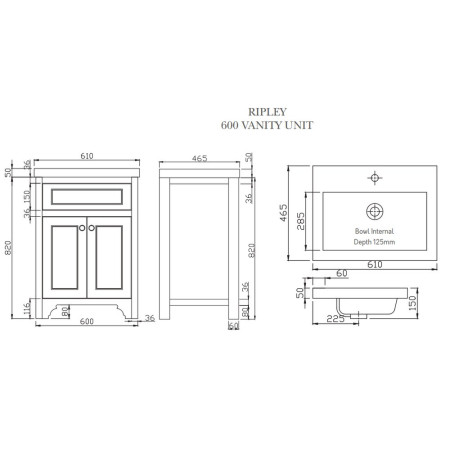 Harrogate Ripley 600mm Arctic White Vanity Unit with Basin Line Drawing