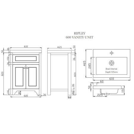 HARR-600-UNIT-ALMWHT/HARR-600-BASIN Harrogate Ripley 600mm Almond White Vanity Unit (2)