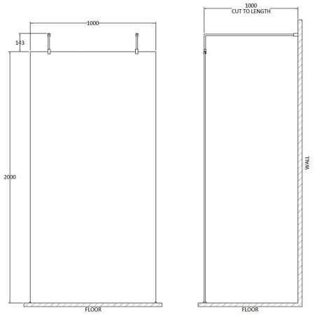BGPAF10 Hudson Reed 1000mm Freestanding Wetroom Screen with Black Support Arms Line Drawing