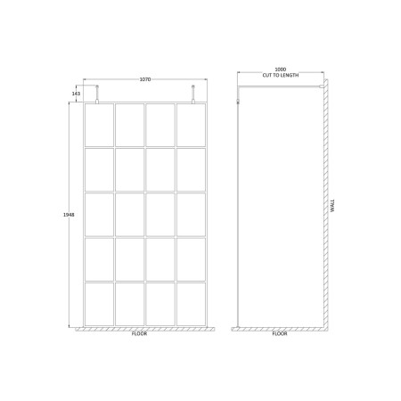 BFAF11 Hudson Reed 1100mm Freestanding Wetroom Screen with Black Support Arms (2)