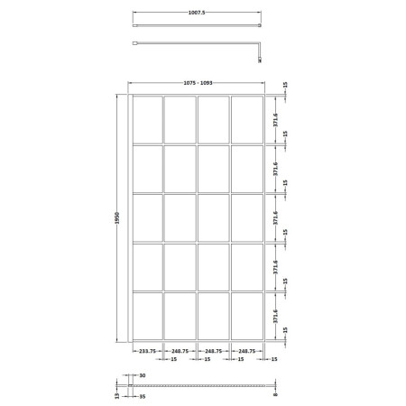 WRSF11 Hudson Reed 1100mm Wetroom Screen with Black Profile and Support Bar (2)