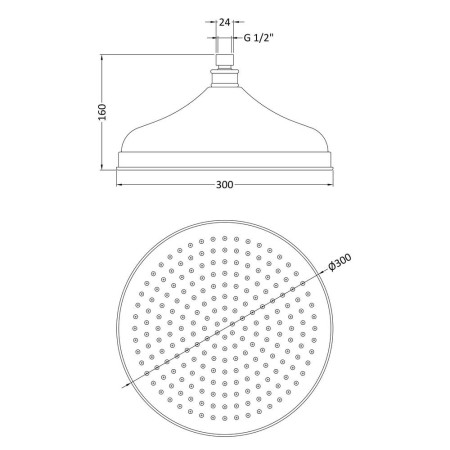 HEAD16 Hudson Reed 12 Inch Apron Fixed Shower Head Line Drawing