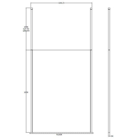 BGPCP14 Hudson Reed 1400mm Freestanding Black Wetroom Screen with Two Ceiling Posts Line Drawing