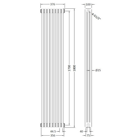 HX312 Hudson Reed 1800 x 376mm Colosseum Radiator Line Drawing