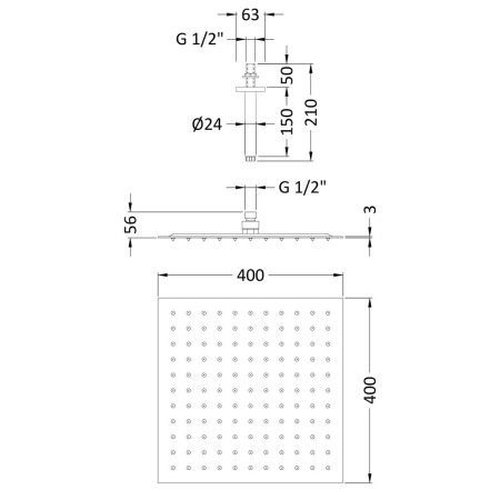 HEAD45A Hudson Reed 400mm Fixed Shower Head and Ceiling Arm Line Drawing