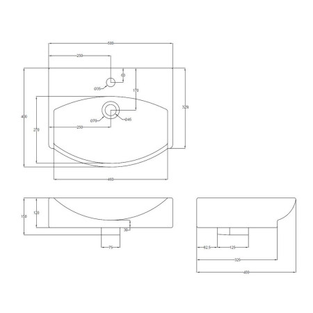 NBV164 Hudson Reed 500mm Wall Hung Vessel Line Drawing
