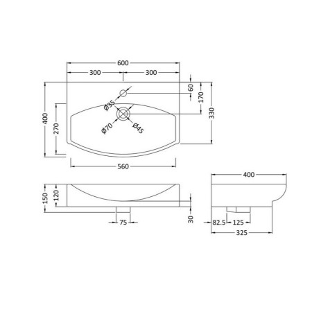 NBV165 Hudson Reed 600mm Wall Hung Vessel Line Drawing