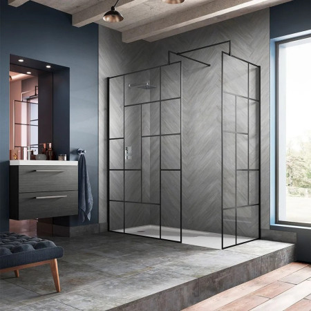 WRSFB11 Hudson Reed 1100mm Black Abstract Wall Fixed Wetroom Screen and Support Bar (2)