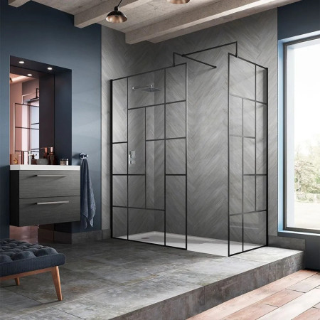 WRSFB14 Hudson Reed 1400mm Black Abstract Wall Fixed Wetroom Screen and Support Bar Lifestyle