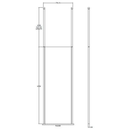 BGPCP070 Hudson Reed 700mm Freestanding Black Wetroom Screen with Two Ceiling Posts Line Drawing