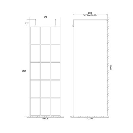 BFAF070 Hudson Reed 700mm Freestanding Wetroom Screen with Black Support Arms (2)