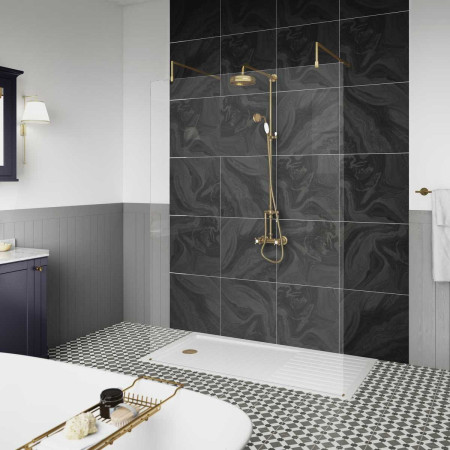 BBPAF10 Hudson Reed Freestanding Wetroom Screen with Brushed Brass Support Arms and Retainer Feet Lifestyle