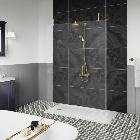 BBPAF10 Hudson Reed 1000mm Freestanding Wetroom Screen with Brushed Brass Support Arms Lifestyle