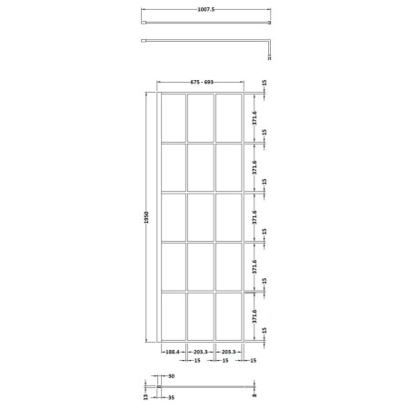 WRSF070 Hudson Reed 700mm Wetroom Screen with Black Profile and Support Bar Line Drawing