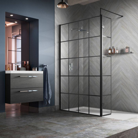 WRSF070 Hudson Reed 700mm Wetroom Screen with Black Profile and Support Bar Lifestyle