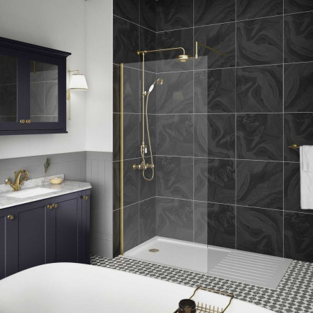 Hudson Reed Wetroom Screen with Brushed Brass Profile and Support Bar Room Setting