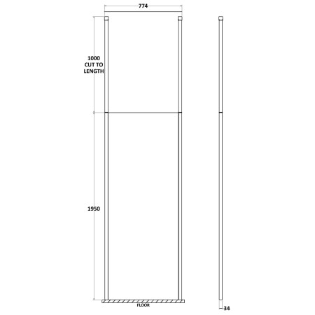 BGPCP076 Hudson Reed 760mm Freestanding Black Wetroom Screen with Two Ceiling Posts Line Drawing