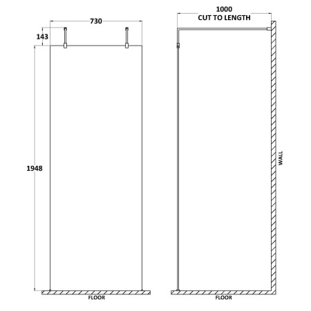 GPCP076 Hudson Reed 760mm Freestanding Chrome Wetroom Screen with Two Ceiling Posts Line Drawing