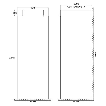 GPAF076 Hudson Reed 760mm Freestanding Wetroom Screen with Chrome Support Arms Line Drawing