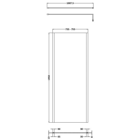 WRSOBP76 Hudson Reed 760mm Outer Frame Black Wetroom Screen and Support Bar Line Drawing