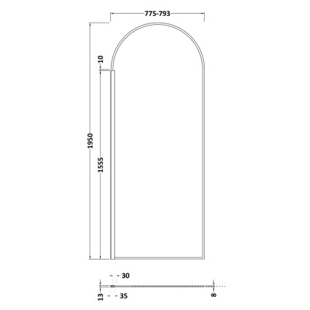WRSRBP80 Hudson Reed 800mm Arched Black Wetroom Screen Line Drawing
