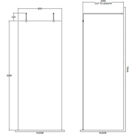 BGPAF080 Hudson Reed 800mm Freestanding Wetroom Screen with Black Support Arms Line Drawing