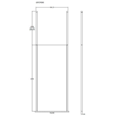 BGPCP090 Hudson Reed 900mm Freestanding Black Wetroom Screen with Two Ceiling Posts Line Drawing