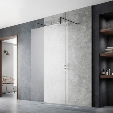 BGPAF090 Hudson Reed 900mm Freestanding Wetroom Screen with Black Support Arms Lifestyle