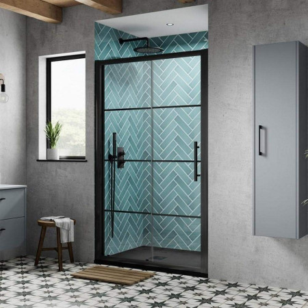 ADSL14-E8 Hudson Reed Apex 1400mm Black Sliding Shower Door Lifestyle