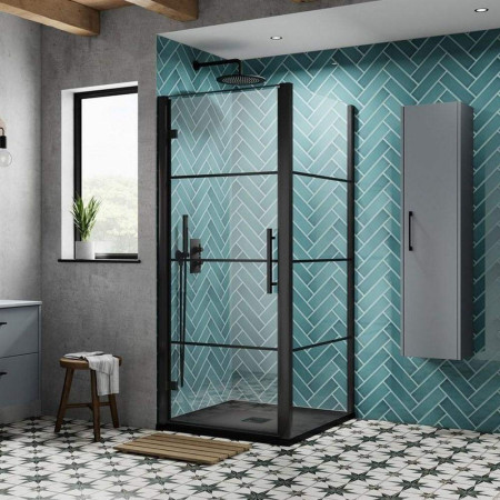 ADHD80-E8 Hudson Reed Apex 800mm Black Hinged Shower Door with a Side Panel
