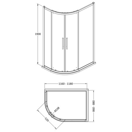 M1290Q-E8 Hudson Reed Apex Offset Quadrant Shower Enclosure 1200 x 900mm Line Drawing