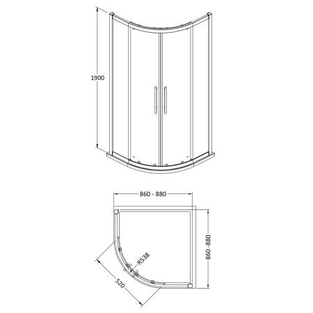 M900Q-E8 Hudson Reed Apex Quadrant Shower Enclosure 900 x 900mm Line Drawing