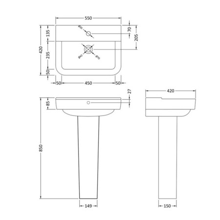 CPC025 Hudson Reed Arlo 550mm Basin & Full Pedestal Dimensions