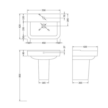 CPC026 Hudson Reed Arlo 550mm Basin & Semi Pedestal Line Drawing