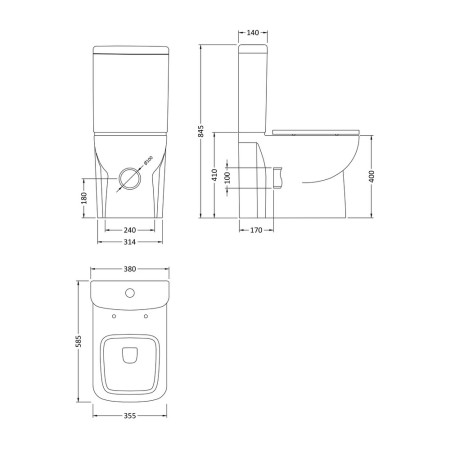 CPC027 Hudson Reed Arlo Compact Flush to Wall Pan with Cistern & Soft Close Seat Line Drawing