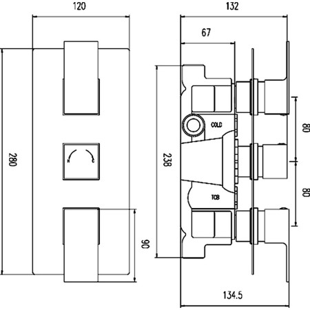 ART3211 Hudson Reed Art Triple Thermostatic Shower Valve Line Drawing