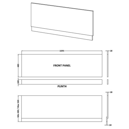 MPC1805 Hudson Reed Autumn Oak 1700mm Front Bath Panel and Plinth Line Drawing