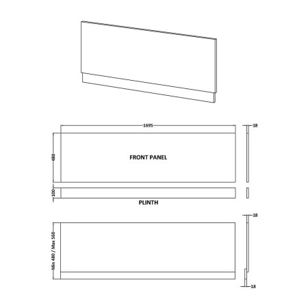 MPC2205 Hudson Reed 1700mm Front Bath Panel and Plinth Line Drawing