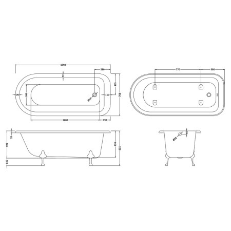 RL1707 Hudson Reed Barnsbury Single Ended Freestanding Bath 1700mm Line Drawing