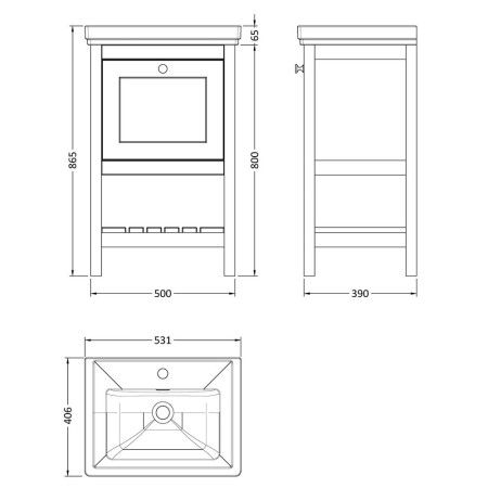 BEX323 Hudson Reed Bexley 500mm Indigo Blue Vanity Unit with Basin Line Drawing