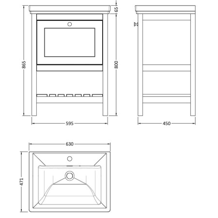 BEX825 Hudson Reed Bexley 600mm Fern Green Vanity Unit with Basin Line Drawing