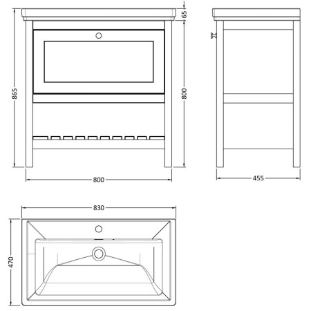 BEX127 Hudson Reed Bexley 800mm Pure White Vanity Unit with Basin Line Drawing