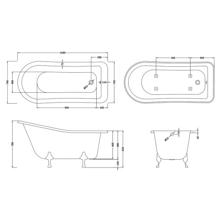 RL1490 Hudson Reed Brockley Single Ended Freestanding Slipper Bath 1500mm Line Drawing