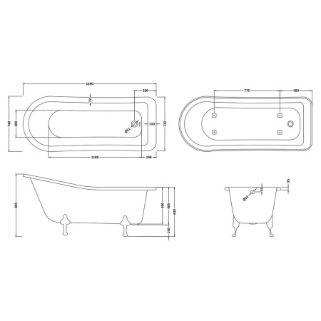 RL1690 Hudson Reed Brockley Single Ended Freestanding Slipper Bath 1700mm Line Drawing