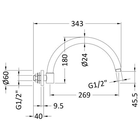 ARM806 Hudson Reed Brushed Brass Curved Wall Mounted Shower Arm Line Drawing