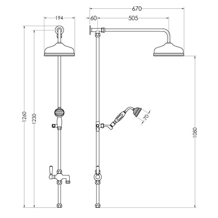 AM812 Hudson Reed Brushed Brass Victorian Grand Rigid Riser Shower Kit Line Drawing