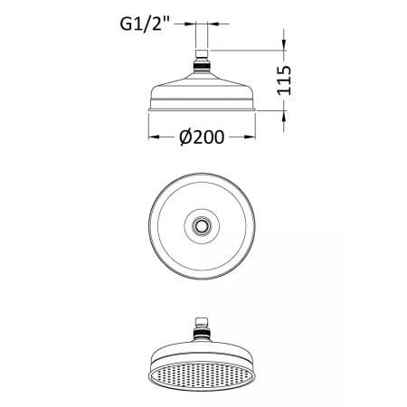 HEAD721 Hudson Reed Brushed Pewter 200mm Fixed Shower Head Line Drawing