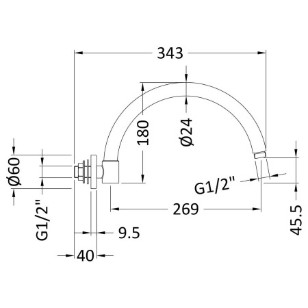 ARM706 Hudson Reed Brushed Pewter Curved Wall Mounted Shower Arm Line Drawing